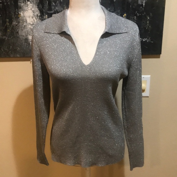 NWT Calvin Klein Lightweight Pullover V-Neck Collared Sweater Grey Shimmer-L - Picture 1 of 9